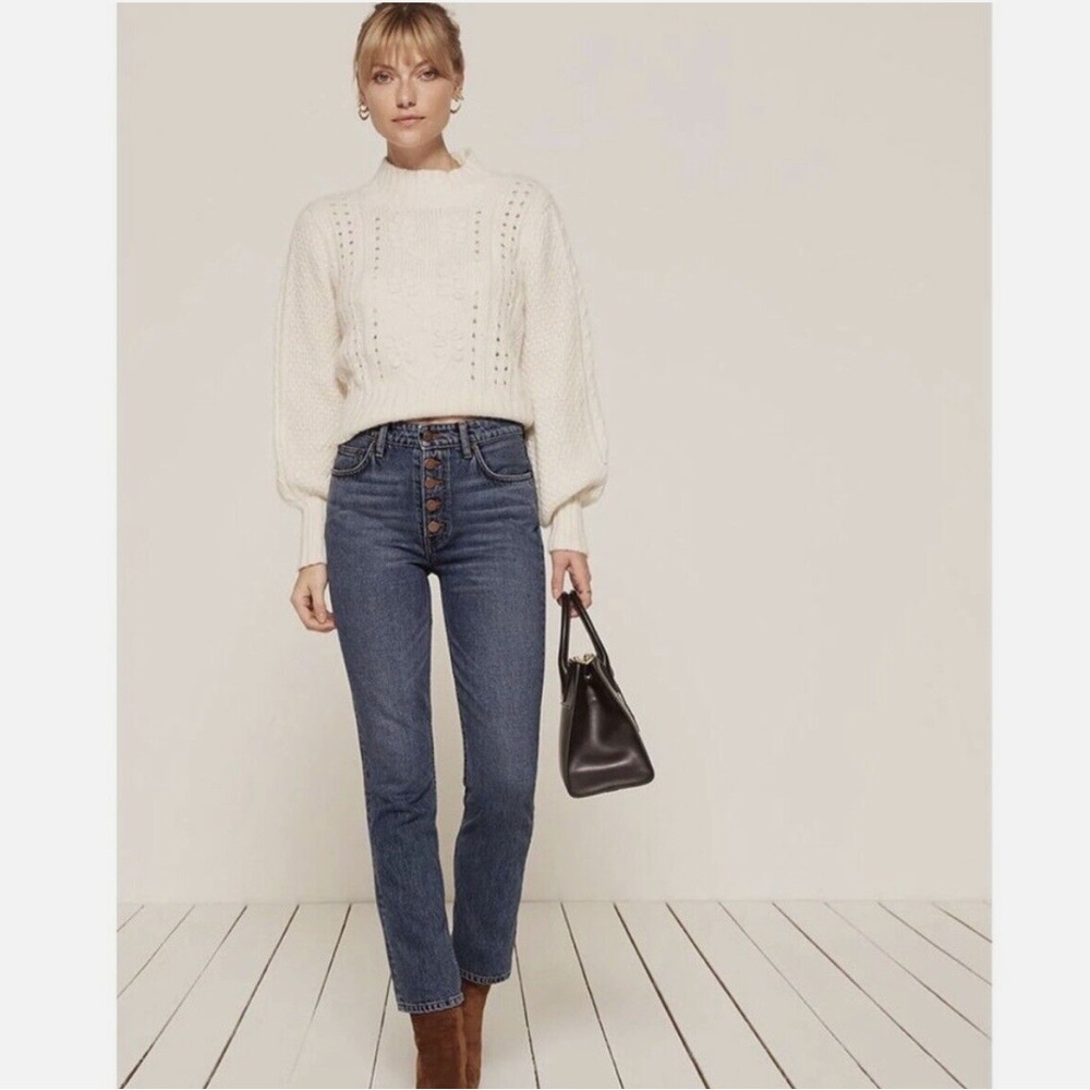 REFORMATION Winona Mid Rise Straight Leg Jean Baltic Denim Button Fly Ankle Pant